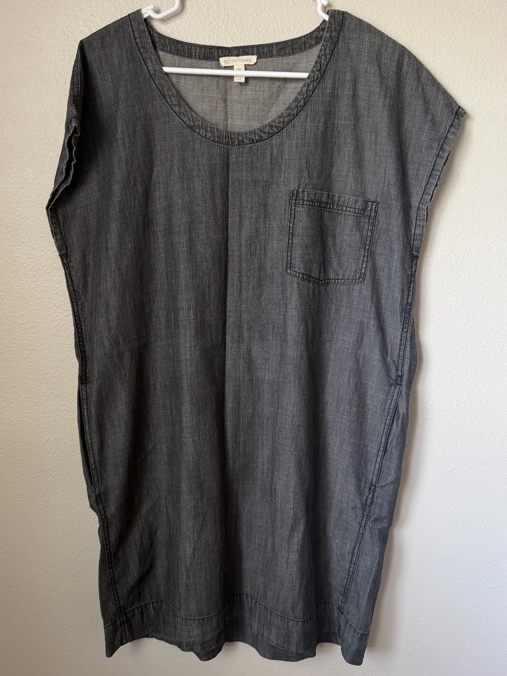 Eileen Fisher Tencel & Organic Cotton Chambray Shift Dress Gray Small